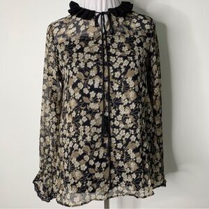 Mineral Women's Black Tan Floral Lace Long Sleeve Ruffle Blouse Size Small